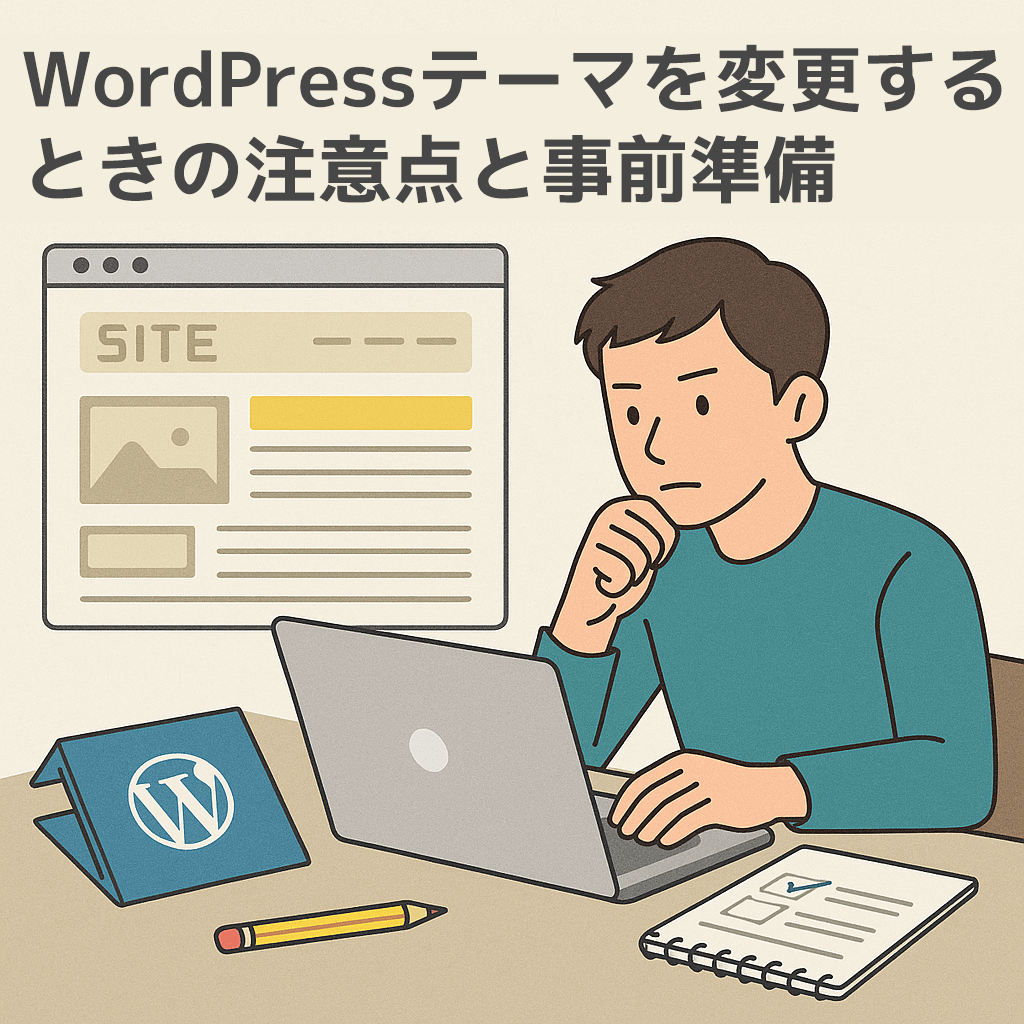 WordPressテーマを変更する準備をしている人物のイラスト