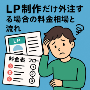 LP制作の料金表とフローチャートを見ながら悩んでいる人物のイラスト