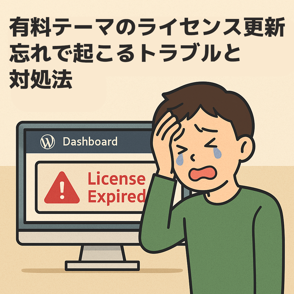 WordPressの有料テーマのライセンスが切れて、エラー画面を前に泣いている人物のイラスト