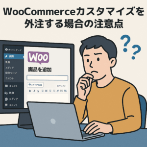 WooCommerceを使ったWordPress画面を前に外注を迷っている人物のイラスト