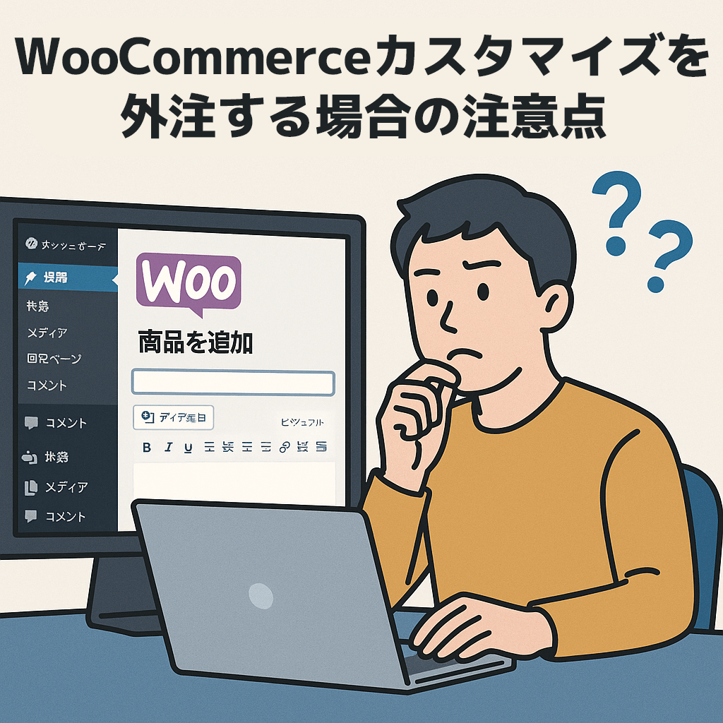 WooCommerceを使ったWordPress画面を前に外注を迷っている人物のイラスト