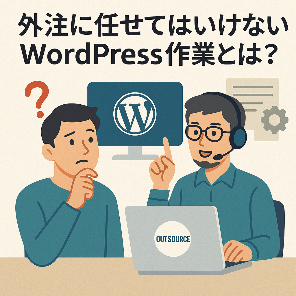 WordPress外注を使うか迷っている人物のイラスト