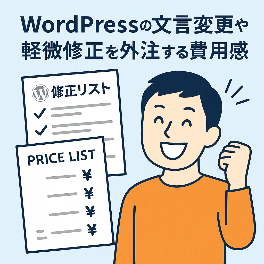 WordPressの修正リストとプライスリストを確認し、軽微修正が成功して喜んでいる人物のイラスト