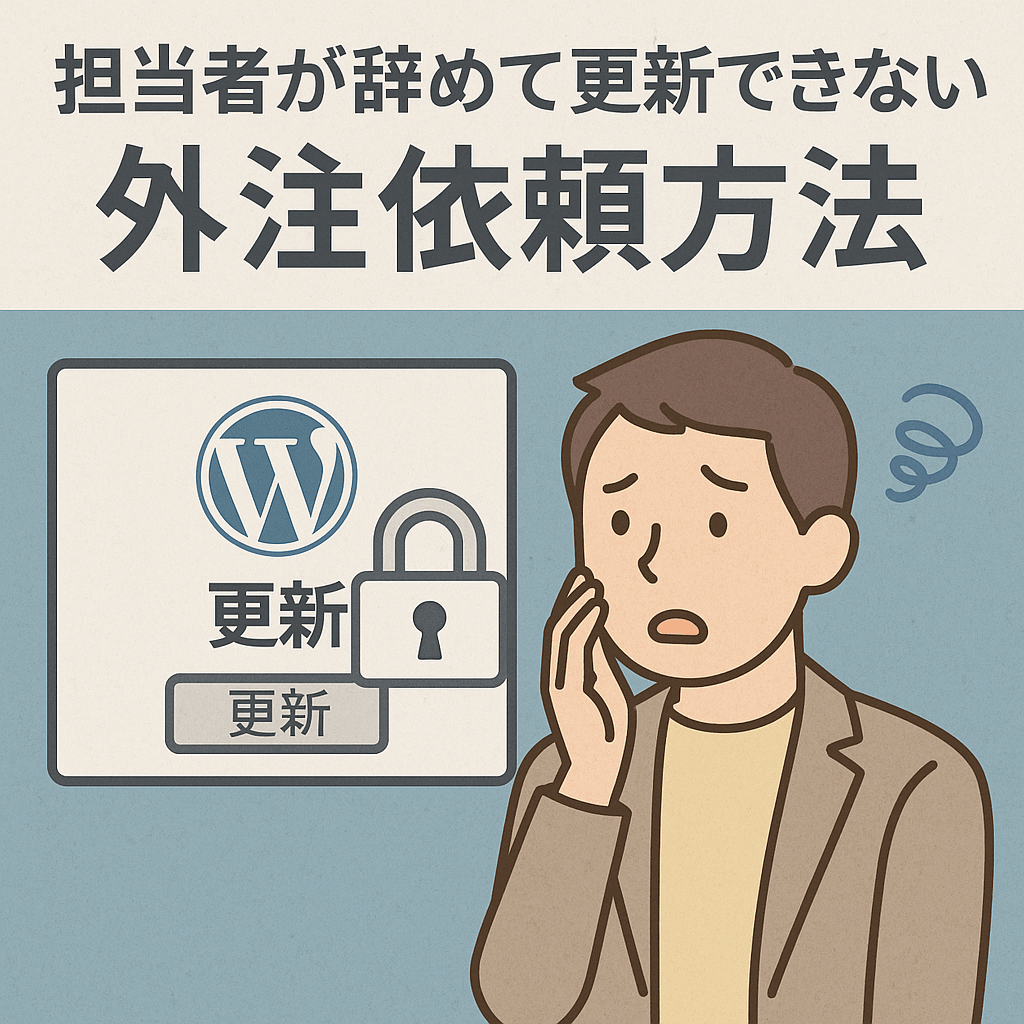 WordPress更新ができず焦っている人物のイラスト