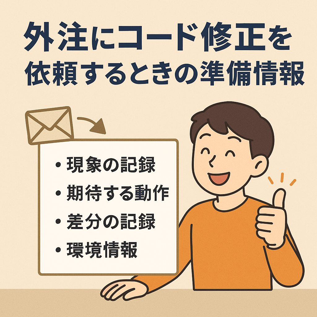 外注先にコード修正の準備リストを渡して喜んでいる人物のイラスト